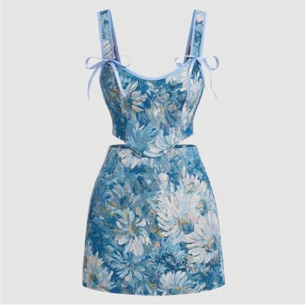 Floral Blue Tie-Strap Mini Skirt
